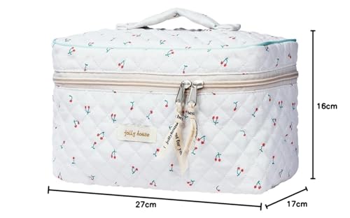 Aucuu Cotton Makeup Bag, Portable Travel Cosmetic Bag, Large Capacity Floral Toiletry Bags, Quilted Wash Bags Organizer for Women Girls