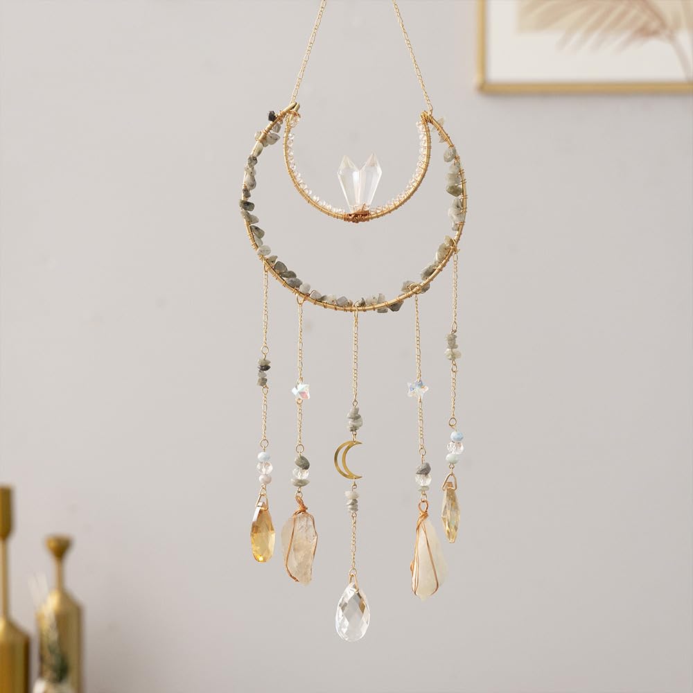 Moon Crystals Tree of Life Dream Catchers,Natural Gem Agate Wall Hangings for Windows Garden Home Décor (New moon shape)