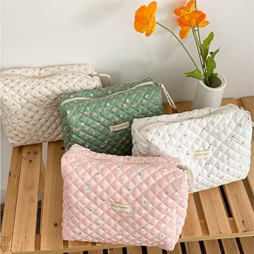 Aucuu Cotton Makeup Bag, Portable Travel Cosmetic Bag, Large Capacity Floral Toiletry Bags, Quilted Wash Bags Organizer for Women Girls