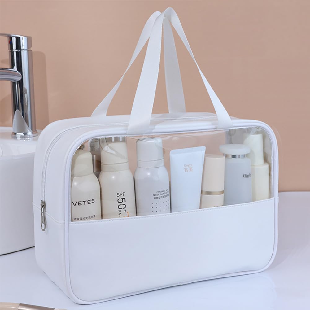 3PCS Clear Toiletry Bag, Wash Bag, Clear PU Makeup Bags, Waterproof Toiletry Travel Bags with Zipper Handle, Portable Airport Cosmetic B-ag for Travel Bathroom Men Women(Blue)