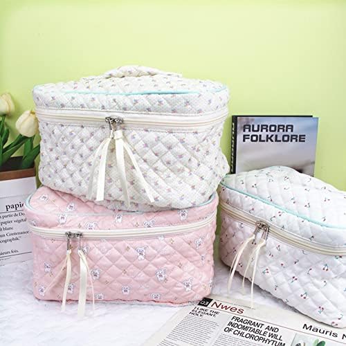 Aucuu Cotton Makeup Bag, Portable Travel Cosmetic Bag, Large Capacity Floral Toiletry Bags, Quilted Wash Bags Organizer for Women Girls