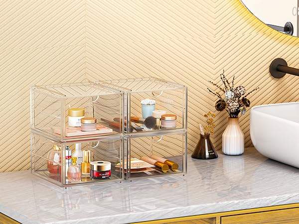 2 Pack Stackable Storage Drawers, Cosmetic Organizer, Make Up Organiser Storage, Perfume Organiser Dustproof Drawer Storage for Dresser, Bathroom, Desk