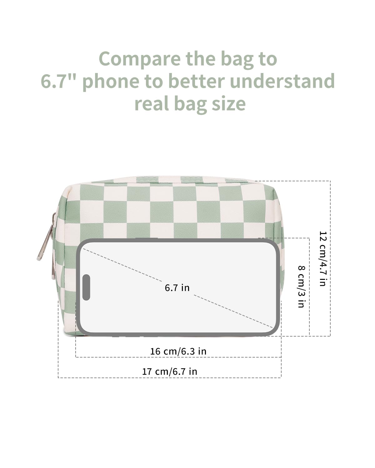 Large Makeup Bag Zipper Pouch Travel Cosmetic Organizer for Women (Mint Green Checkerboard, Large)