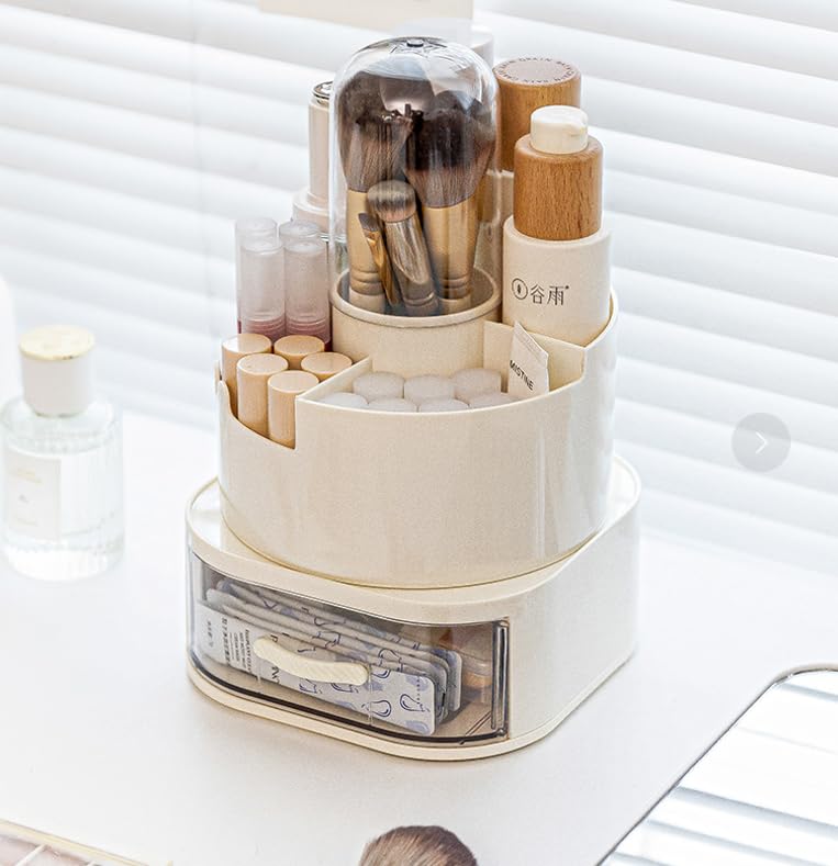 Makeup Brush Holder Rotating Organiser with Clear Lid,Sliding Opening Dustproof Makeup Brush Case Make up Organizer Storage for Dressing Table Organiser,Vanity,White Black