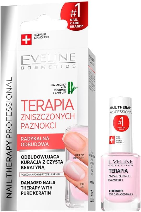 Eveline Cosmetics Nail Therapy Professional Nail Conditioner - PowerNail H+K Repair Therapy, Strengthens & Smooths Damaged Nails, 12ml