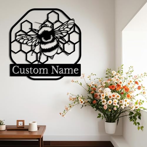 Custom Honey Bee Metal Wall Sign, Personalized Metal Bee Decor, Bee Garden Art, Gift for Bee Keeper, Bee Farm Sign, Gardener Decor, Bee Art (Bee M)