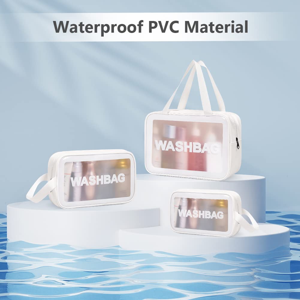 3PCS Clear Toiletry Bag, Wash Bag, Clear PU Makeup Bags, Waterproof Toiletry Travel Bags with Zipper Handle, Portable Airport Cosmetic B-ag for Travel Bathroom Men Women(Blue)