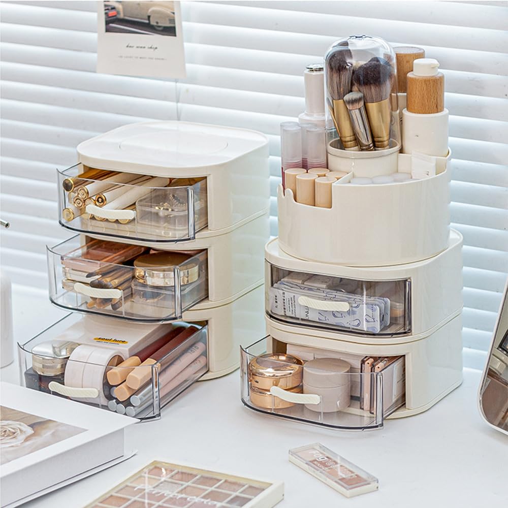 Makeup Brush Holder Rotating Organiser with Clear Lid,Sliding Opening Dustproof Makeup Brush Case Make up Organizer Storage for Dressing Table Organiser,Vanity,White Black