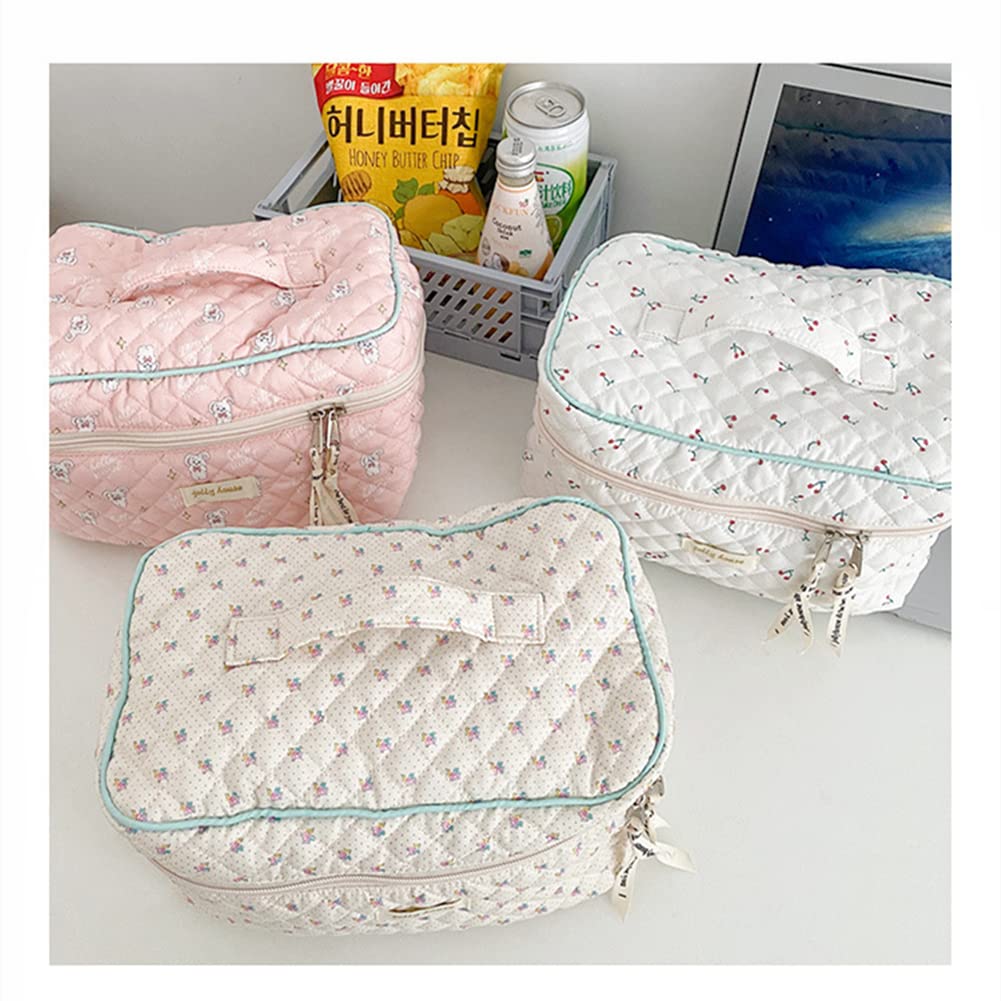 Aucuu Cotton Makeup Bag, Portable Travel Cosmetic Bag, Large Capacity Floral Toiletry Bags, Quilted Wash Bags Organizer for Women Girls