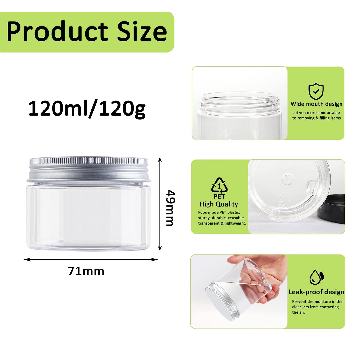 Alledomain 6PCS 100ML Clear Round Cosmetic Containers Cream Jars with Inner Liners & Aluminum Alloy Lids - Travel Jars for Storing Lip, Body Scrub, Lotion, Powder, Ointment, Makeup