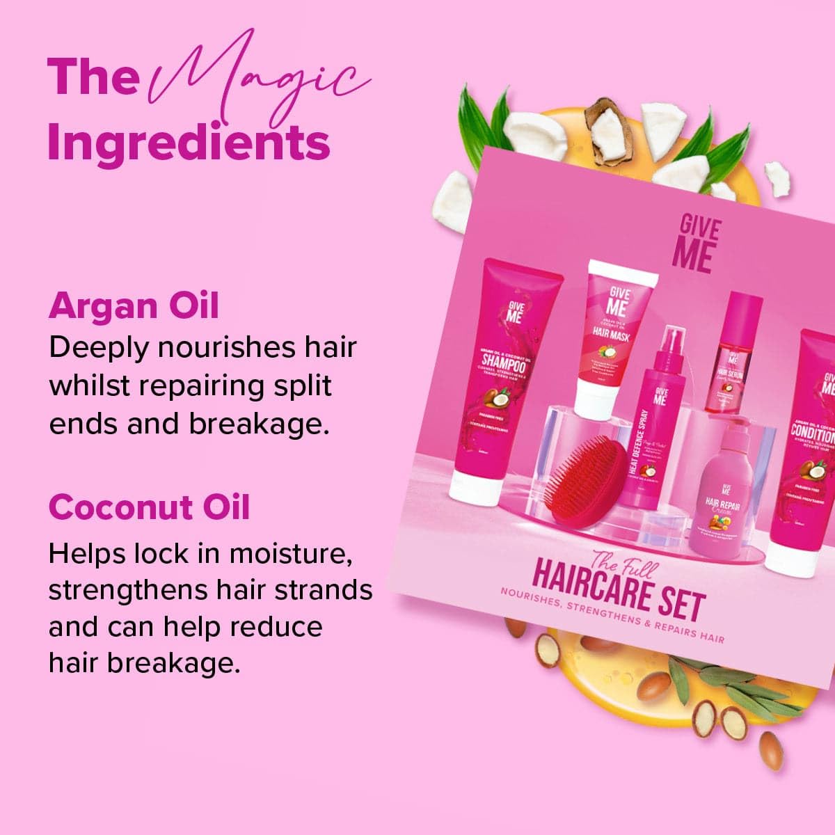 Give Me Cosmetics, Shampoo and Conditioner Sets, with Hair Mask, Heat Defence Spray, Repair Cream, Serum, Detangle Hairbrush, Argan & Coconut Oil, Paraben Free, Haircare Gift Set