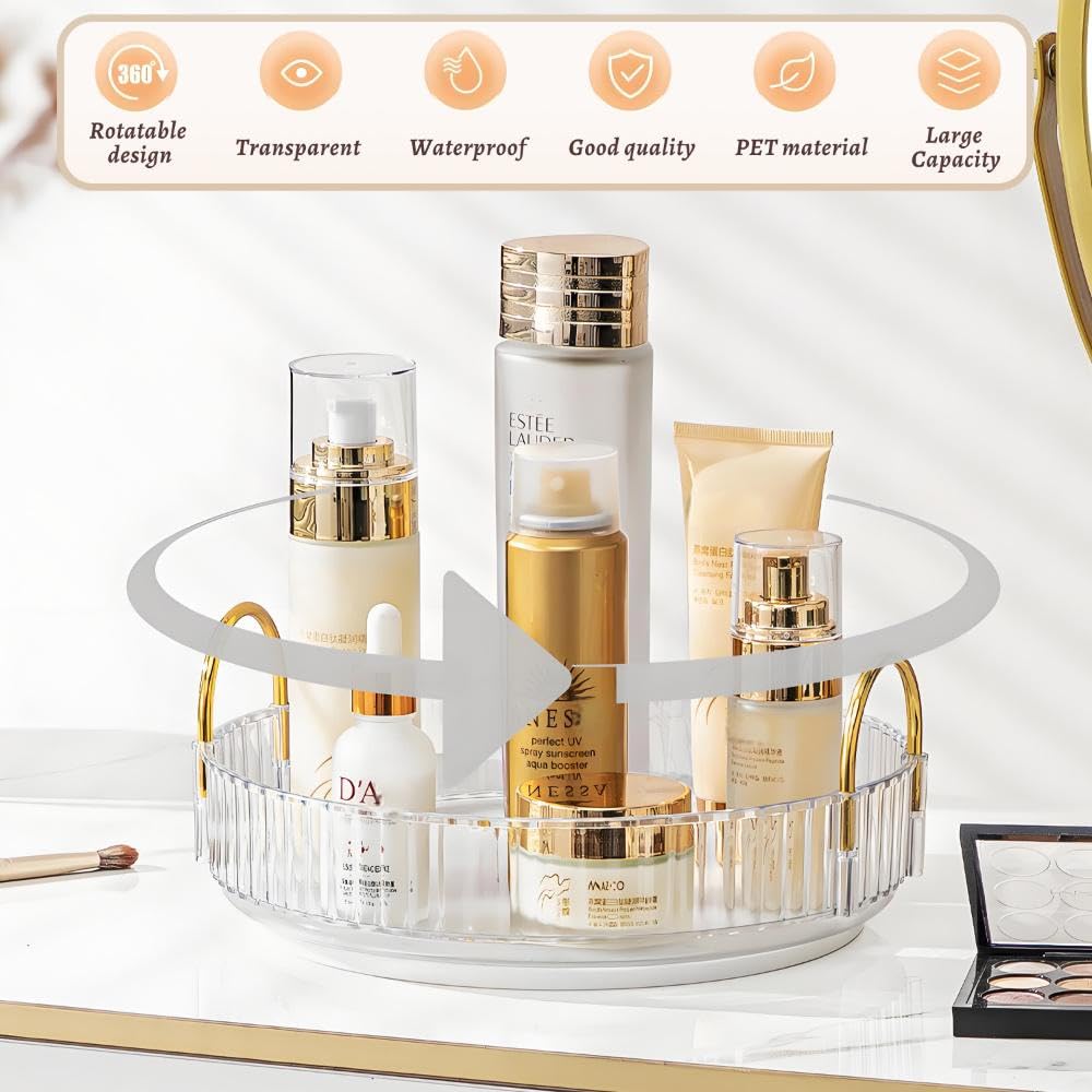 Makeup Organizer for Vanity 360 Rotating, Large Capacity Cosmetic Organisers for Lipsticks, Jewelry, Nail Care, Skincare, Perfume, Ideal Desk Organizer for Dresser, Bathroom and Kitchen(Gold, 1 Tier)