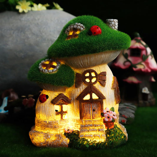 Solar Garden Ornaments Outdoor Lights, Solar Lighted Fairy House, Cute Cottage Resin Figurine with SolarLantern, Flower HouseFunny Resin Cottage Statue for Patio Yard Lawn Courtyard