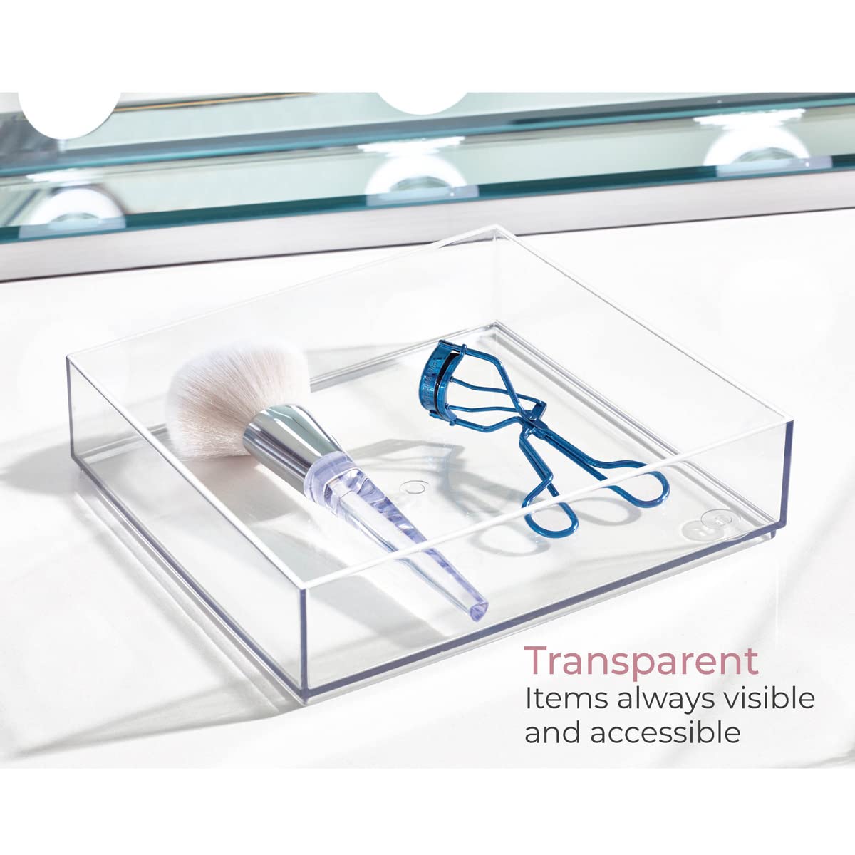 iDesign Storage Drawer from the Signature Series by Sarah Tanno, Rectangular PET Makeup Tray for Beauty Products, Cosmetic Organiser System, Clear/Matte White, 10.2 cm x 20.3 cm x 5 cm