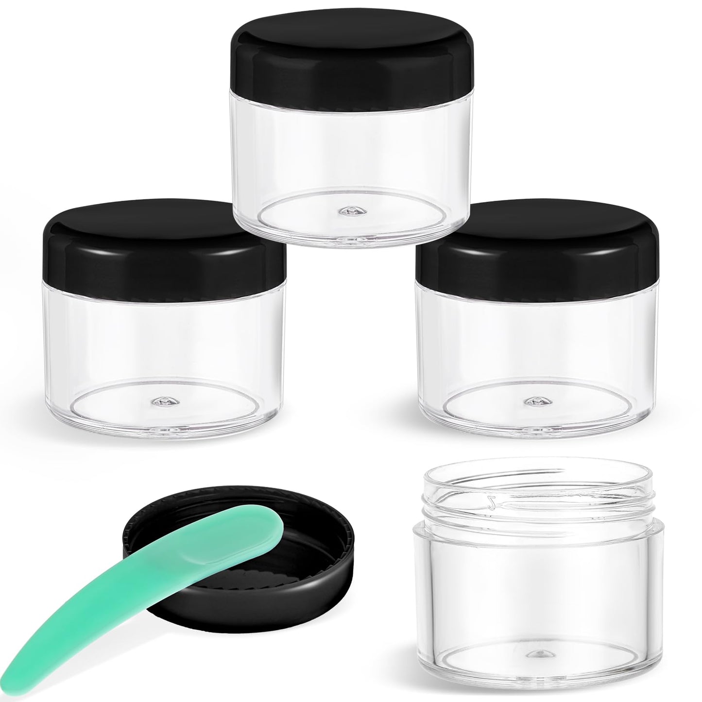 4 Pcs Plastic Cosmetic Cream Jars with Lids - Spatula, Travel-Sized, Leak-Proof, Refillable Makeup Containers, 0.7oz Round Jars for Storage Liquid Oils, Salves, DIY Making (Black)
