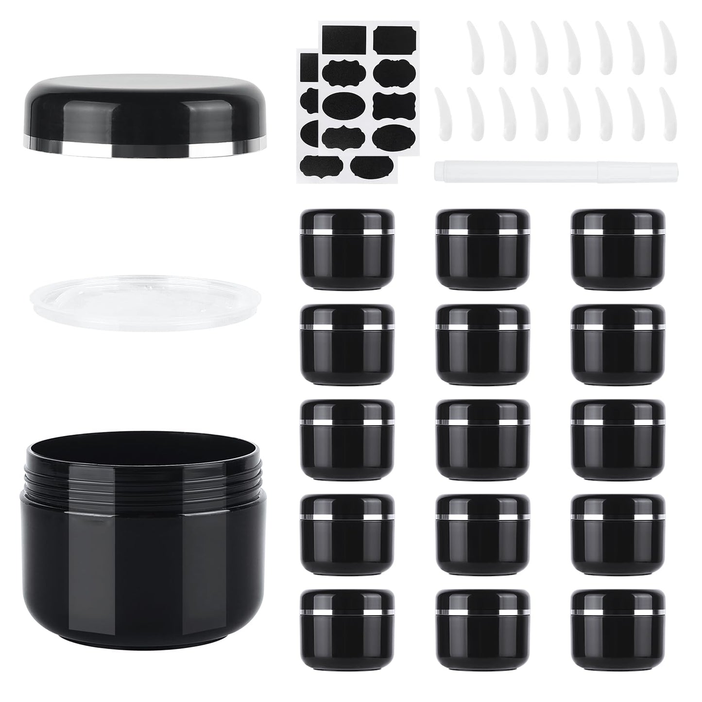 15 Pcs 50ml Cosmetic Sample Jars, Plastic Refillable Travel Pots, Cosmetic Pots with Lids, Travel Pots for Toiletries, with Spatulas, Labels and Pen for Makeup Beauty Nails