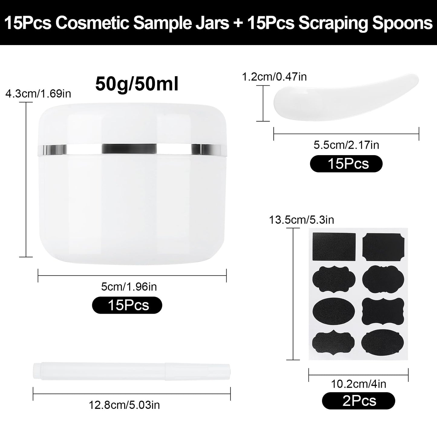 15 Pcs 50ml Cosmetic Sample Jars, Plastic Refillable Travel Pots, Cosmetic Pots with Lids, Travel Pots for Toiletries, with Spatulas, Labels and Pen for Makeup Beauty Nails