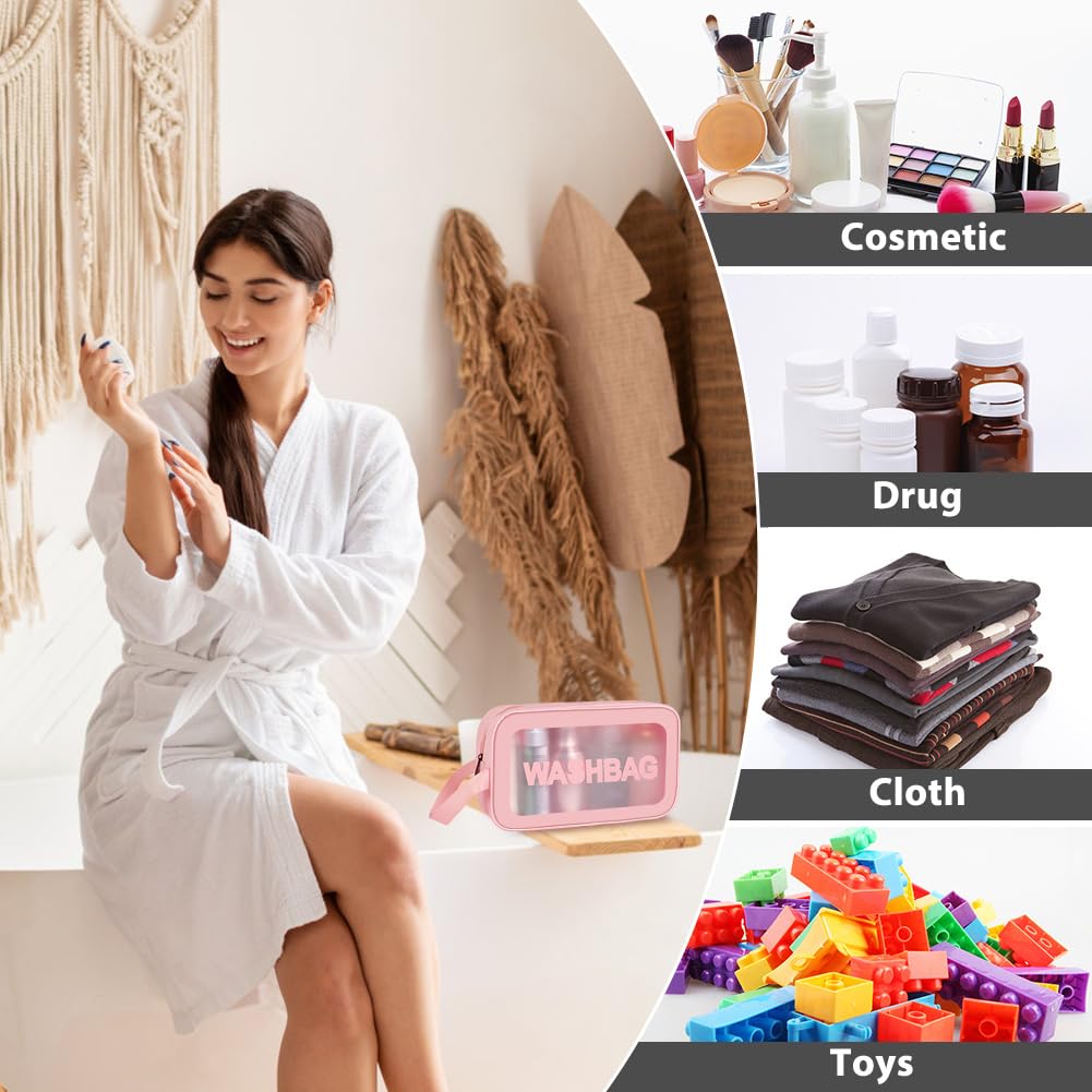 3PCS Clear Toiletry Bag, Wash Bag, Clear PU Makeup Bags, Waterproof Toiletry Travel Bags with Zipper Handle, Portable Airport Cosmetic B-ag for Travel Bathroom Men Women(Blue)