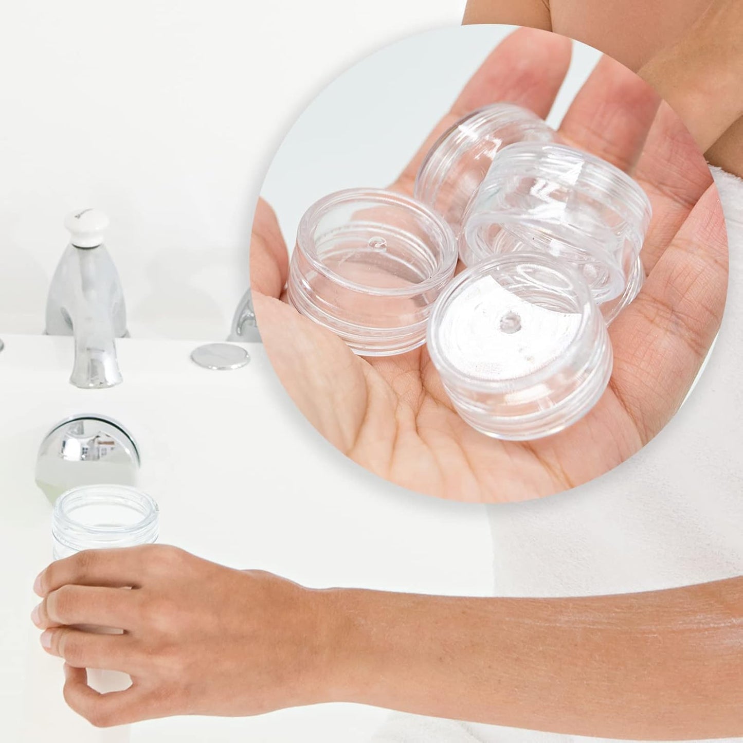 50 Pcs Plastic Cosmetic Jars, 5ml Sample Containers Pots Bottles with Clear Lids, Small Round Travel Sample Jar Pots, Mini Portable Cosmetic Containers for Creams Storage