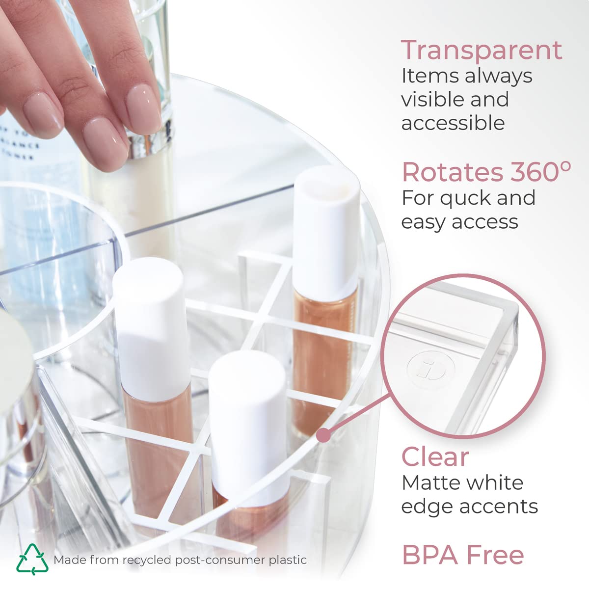 iDesign Storage Drawer from the Signature Series by Sarah Tanno, Rectangular PET Makeup Tray for Beauty Products, Cosmetic Organiser System, Clear/Matte White, 10.2 cm x 20.3 cm x 5 cm