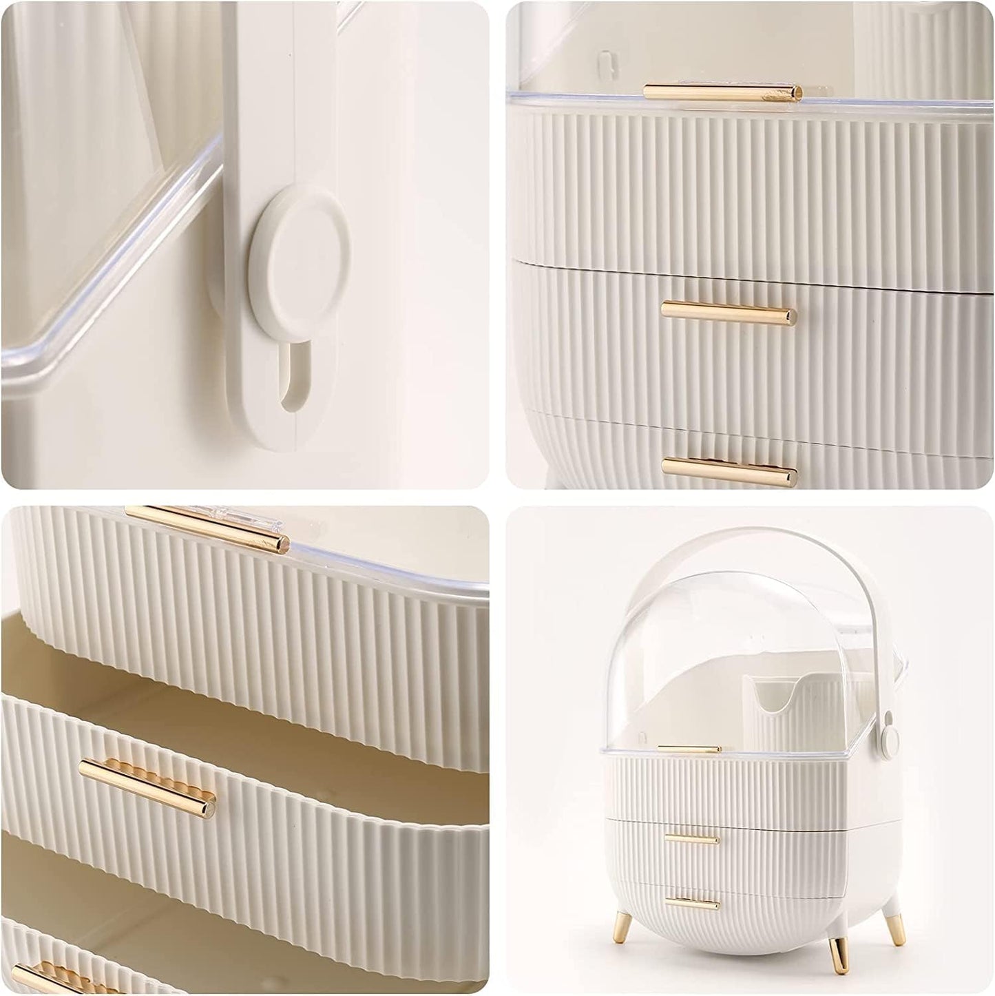 Makeup Organizer Box, Clear Cover Cosmetic Display Case with Two Tier Storage Box and Brush Storage Box, Skincare Organizers for Bathroom Countertop, Bedroom Vanity Desk and Travel (White)