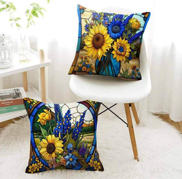 BAOKU Blue Sunflower Stained Cushion Covers,18x18 Inch Throw Pillow Covers Soft Pillowcases for Sofa Bed Home Garden Patio Decor Set of 4