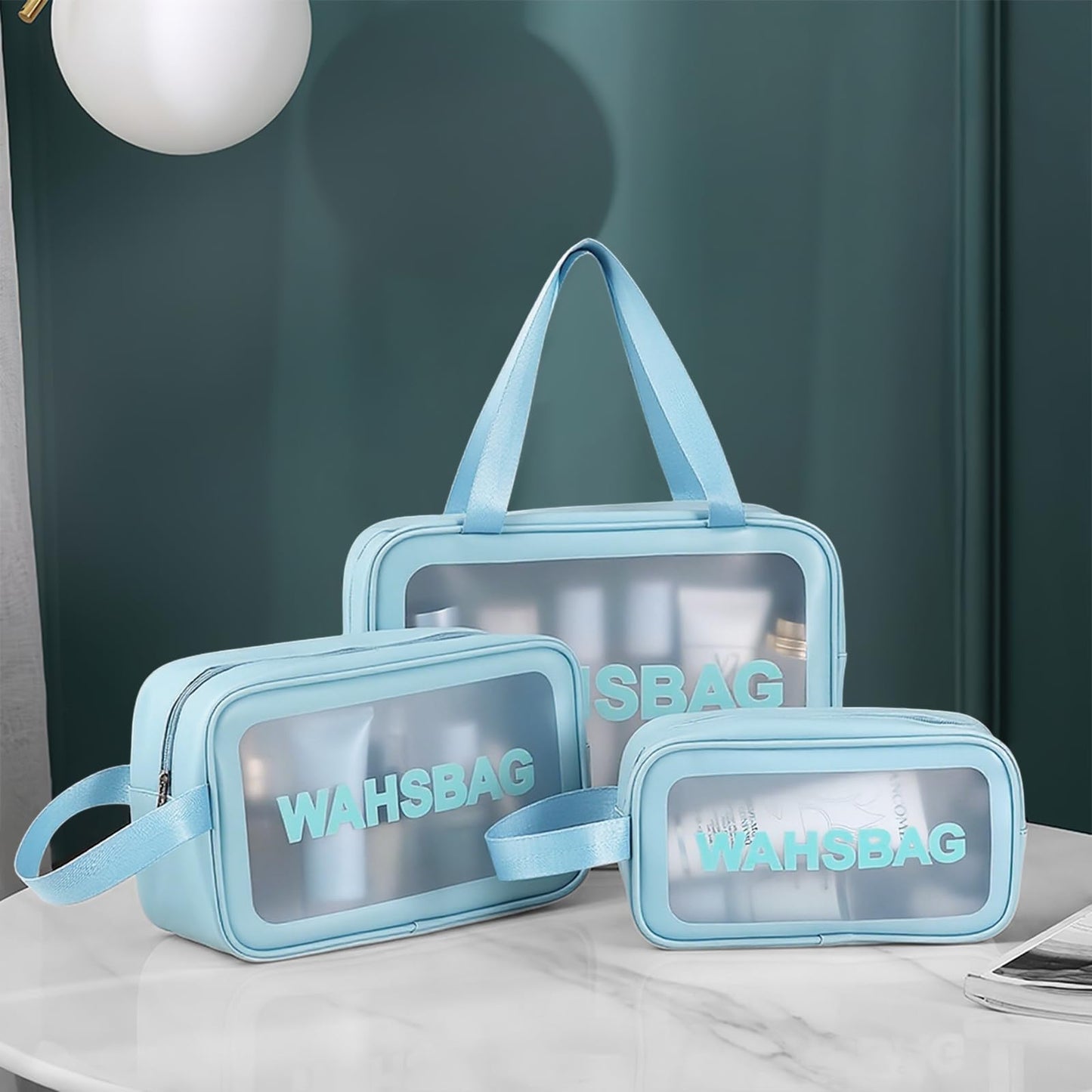 3PCS Clear Toiletry Bag, Wash Bag, Clear PU Makeup Bags, Waterproof Toiletry Travel Bags with Zipper Handle, Portable Airport Cosmetic B-ag for Travel Bathroom Men Women(Blue)