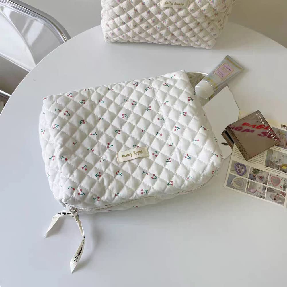 Aucuu Cotton Makeup Bag, Portable Travel Cosmetic Bag, Large Capacity Floral Toiletry Bags, Quilted Wash Bags Organizer for Women Girls