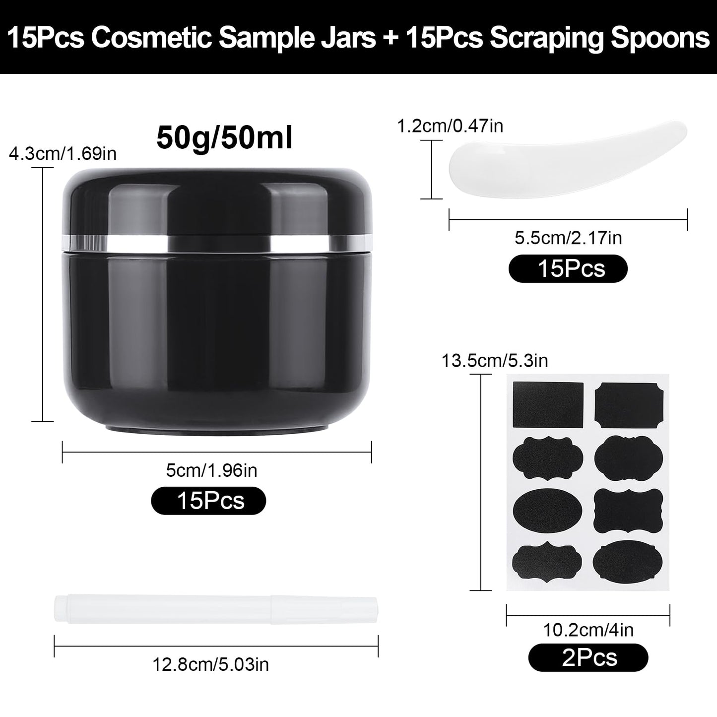 15 Pcs 50ml Cosmetic Sample Jars, Plastic Refillable Travel Pots, Cosmetic Pots with Lids, Travel Pots for Toiletries, with Spatulas, Labels and Pen for Makeup Beauty Nails