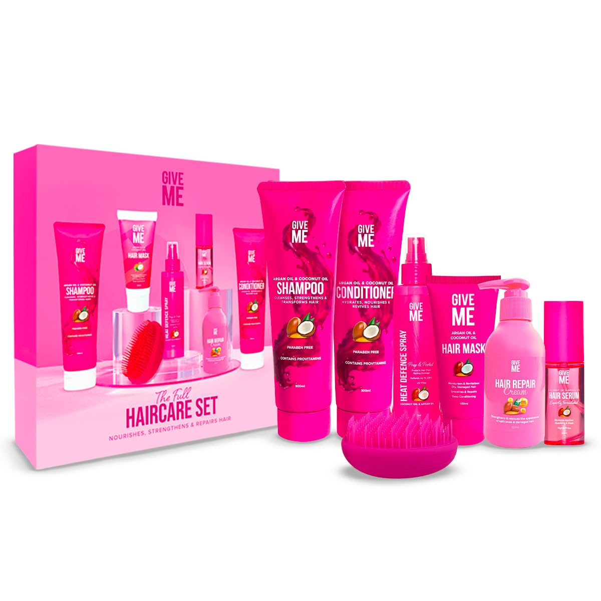 Give Me Cosmetics, Shampoo and Conditioner Sets, with Hair Mask, Heat Defence Spray, Repair Cream, Serum, Detangle Hairbrush, Argan & Coconut Oil, Paraben Free, Haircare Gift Set