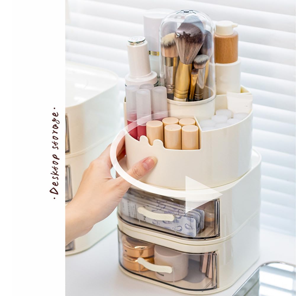 Makeup Brush Holder Rotating Organiser with Clear Lid,Sliding Opening Dustproof Makeup Brush Case Make up Organizer Storage for Dressing Table Organiser,Vanity,White Black