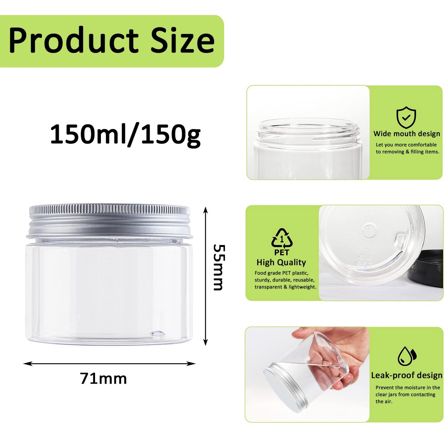 Alledomain 6PCS 100ML Clear Round Cosmetic Containers Cream Jars with Inner Liners & Aluminum Alloy Lids - Travel Jars for Storing Lip, Body Scrub, Lotion, Powder, Ointment, Makeup