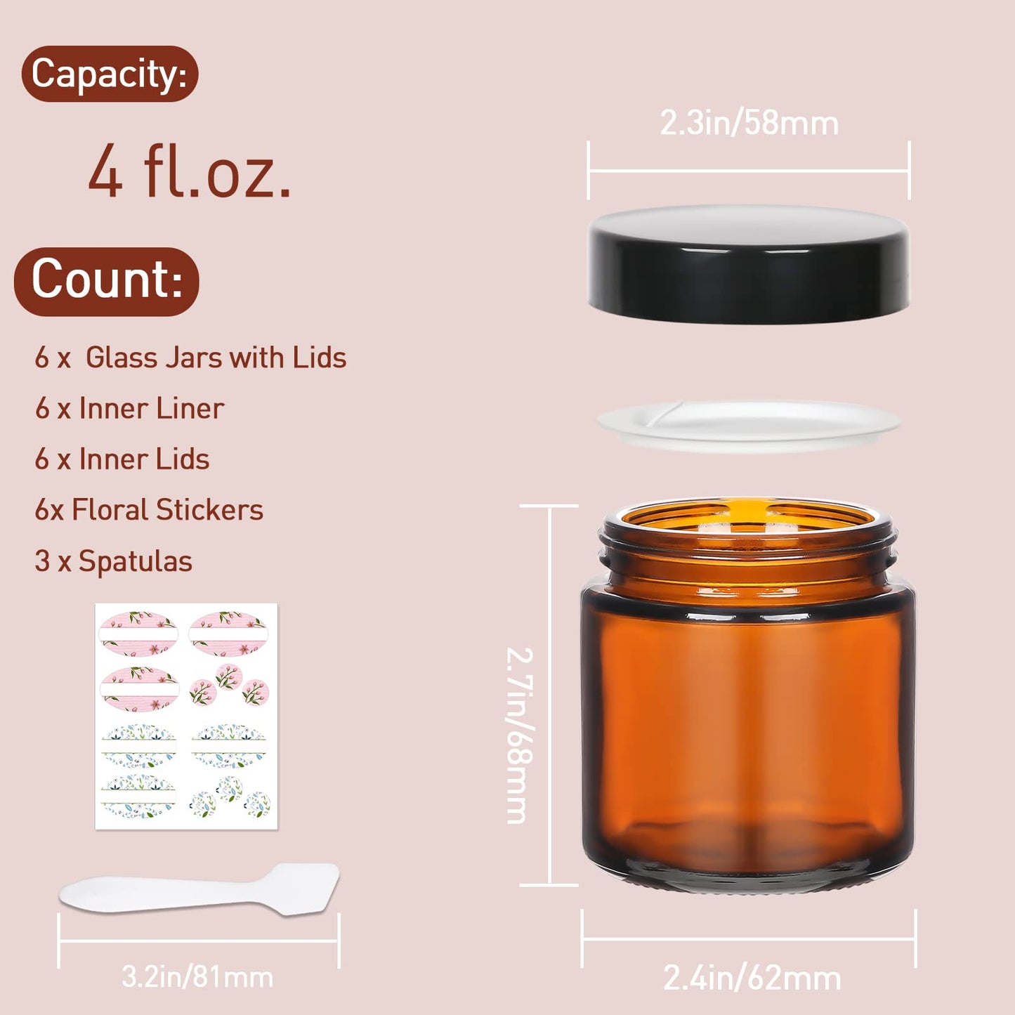 4 oz Amber Glass Round Jars with Black Lids, 6 Pack Empty Cosmetic Jars Face Cream Storage Containers for Powder,Lotion,Beauty Products,Travel Favors
