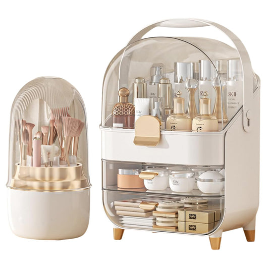 Multi-Purpose Makeup Organiser Case with Rotating Brush Holder - Dustproof Cosmetic Storage Box for Skincare Products, Jewellery, Perfumes, Lipstick for Bedroom Bathroom Countertop (White/Silver)