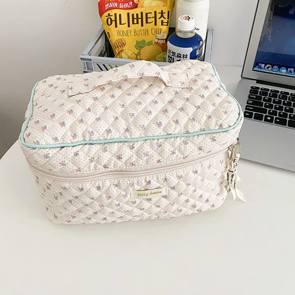 Aucuu Cotton Makeup Bag, Portable Travel Cosmetic Bag, Large Capacity Floral Toiletry Bags, Quilted Wash Bags Organizer for Women Girls