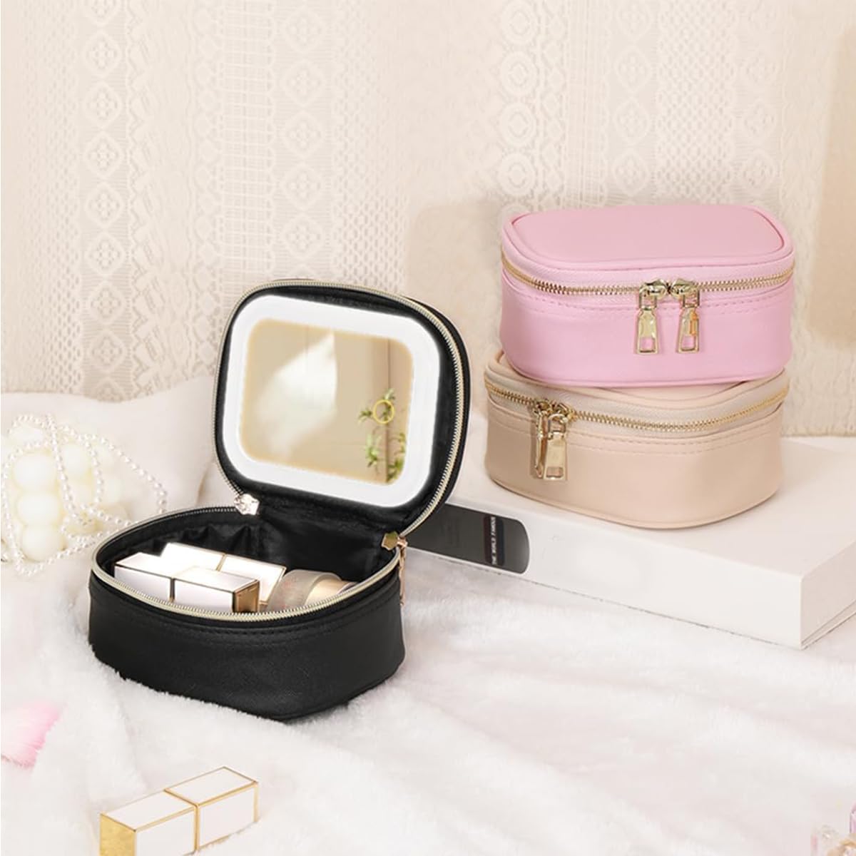 STORICANS Makeup Bag with Mirror, Travel Makeup Organiser Case with Mirror and Light, Mini Cosmetic Organizer, 3 Levels Brightness Adjustable, Portable Artist Storage for Women (Pink)