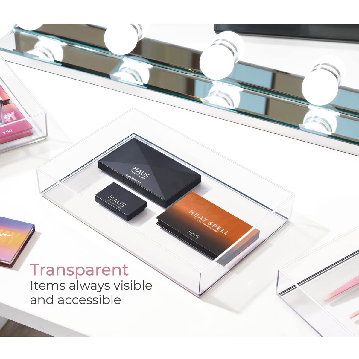 iDesign Storage Drawer from the Signature Series by Sarah Tanno, Rectangular PET Makeup Tray for Beauty Products, Cosmetic Organiser System, Clear/Matte White, 10.2 cm x 20.3 cm x 5 cm