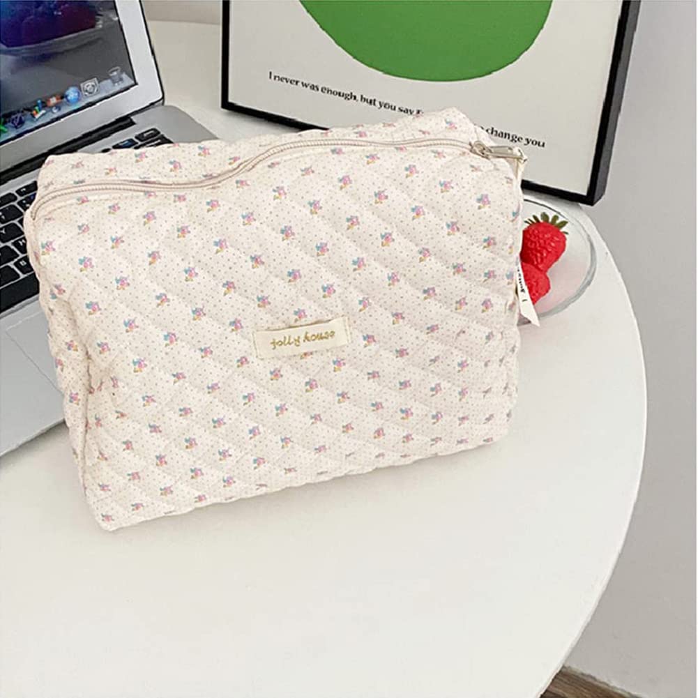 Aucuu Cotton Makeup Bag, Portable Travel Cosmetic Bag, Large Capacity Floral Toiletry Bags, Quilted Wash Bags Organizer for Women Girls