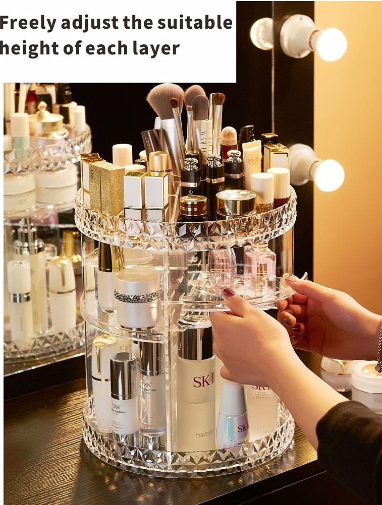 Cq acrylic 360 Degree Rotating Makeup Organizer for Bathroom,4 Tier Adjustable Spinning Cosmetic Storage Cases and Make Up Holder Display Cases,Clear