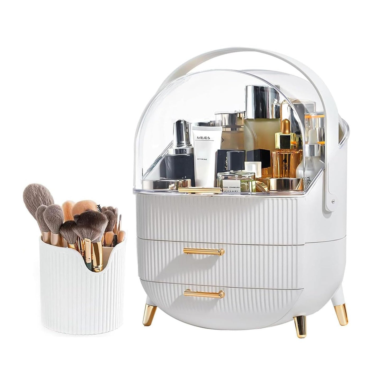 Makeup Organizer Box, Clear Cover Cosmetic Display Case with Two Tier Storage Box and Brush Storage Box, Skincare Organizers for Bathroom Countertop, Bedroom Vanity Desk and Travel (White)