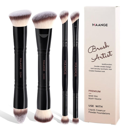 4Pcs Dual-Ended Makeup Brush Set - Foundation Brush & Angled Concealer Brush for Flawless Base, Cream & Liquid Products, Professional Cosmetic Brushes for Seamless Blending