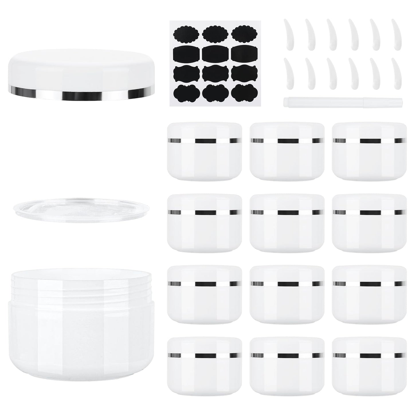 15 Pcs 50ml Cosmetic Sample Jars, Plastic Refillable Travel Pots, Cosmetic Pots with Lids, Travel Pots for Toiletries, with Spatulas, Labels and Pen for Makeup Beauty Nails