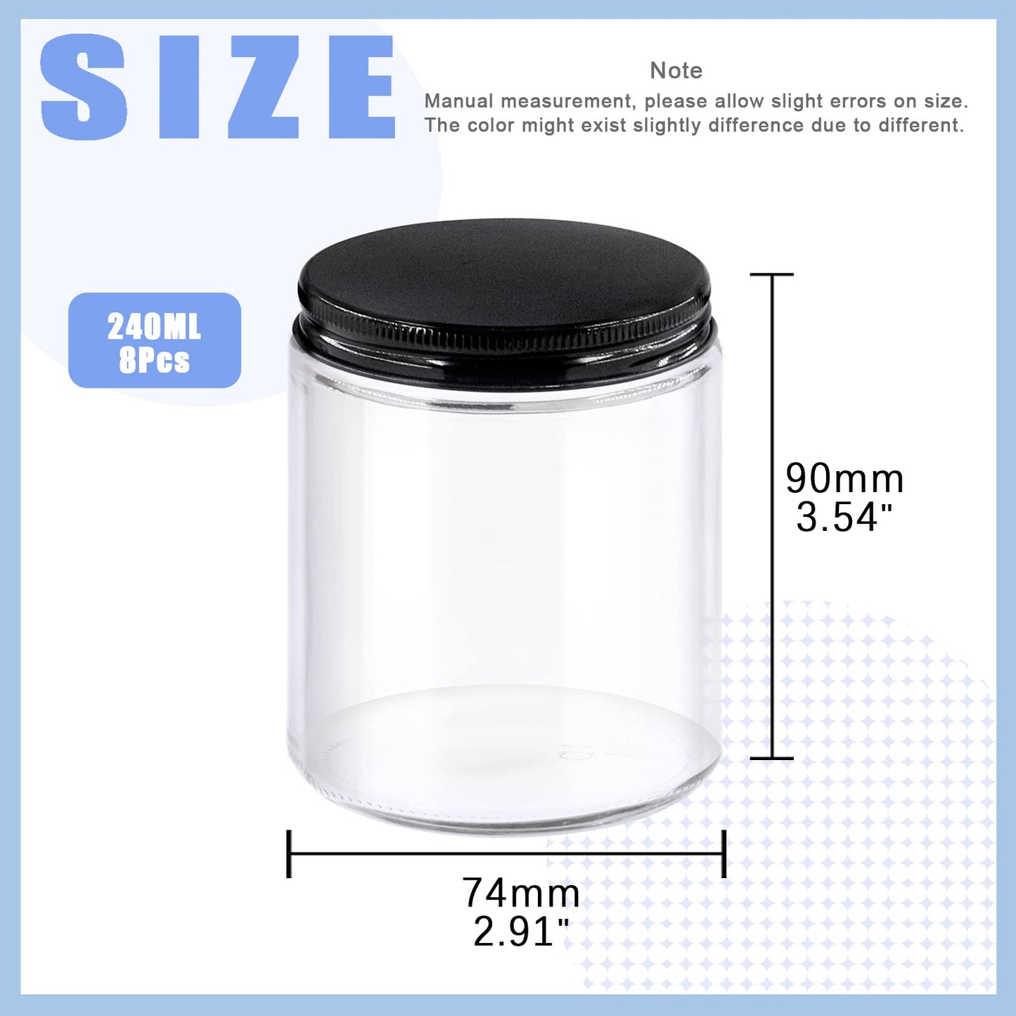 Glarks 8 Pack 8oz/240ml Glass Jars with Lids, Round Clear Glass Jars with Inner Liner and Black Lids for Storing Creams, Beauty Products, Cosmetic and Ointments