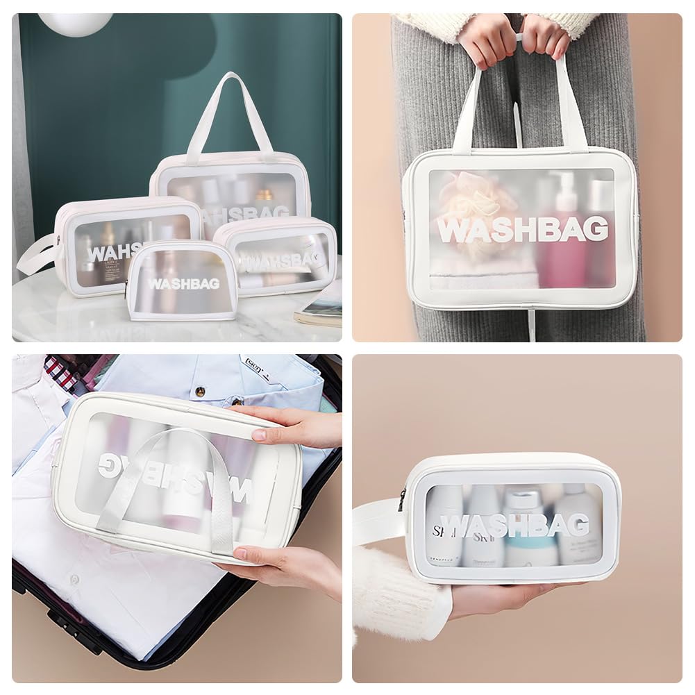 3PCS Clear Toiletry Bag, Wash Bag, Clear PU Makeup Bags, Waterproof Toiletry Travel Bags with Zipper Handle, Portable Airport Cosmetic B-ag for Travel Bathroom Men Women(Blue)