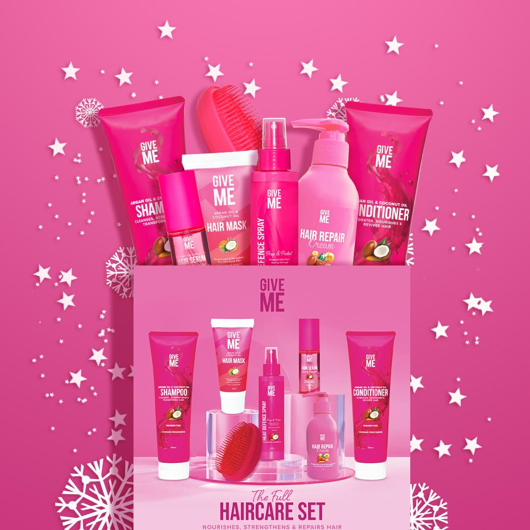 Give Me Cosmetics, Shampoo and Conditioner Sets, with Hair Mask, Heat Defence Spray, Repair Cream, Serum, Detangle Hairbrush, Argan & Coconut Oil, Paraben Free, Haircare Gift Set