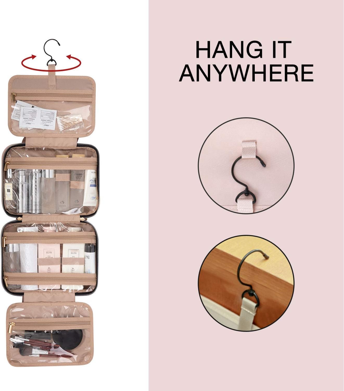 BAGSMART Large Hanging Toiletry Bag Travel Toiletry Bag Cosmetic Bag for Women, Black-Size L