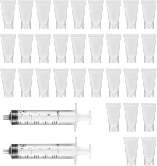 Yibaijia 32 PCS 30ml Refillable Tubes Bottle, Travel Makeup Container, Cosmetic Sample Bottles with 2 PCS Dispensing Tool for Shampoo, Facial Cleanser, Body Lotion Shower, Gel