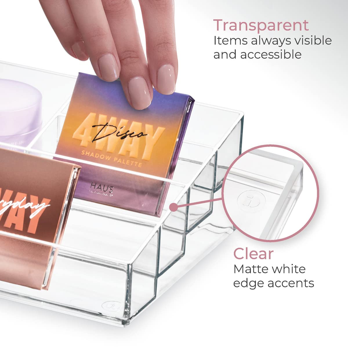 iDesign Storage Drawer from the Signature Series by Sarah Tanno, Rectangular PET Makeup Tray for Beauty Products, Cosmetic Organiser System, Clear/Matte White, 10.2 cm x 20.3 cm x 5 cm