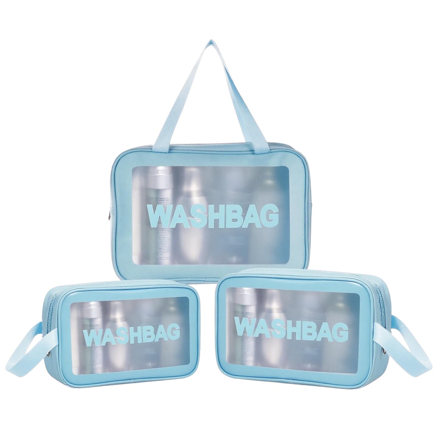3PCS Clear Toiletry Bag, Wash Bag, Clear PU Makeup Bags, Waterproof Toiletry Travel Bags with Zipper Handle, Portable Airport Cosmetic B-ag for Travel Bathroom Men Women(Blue)