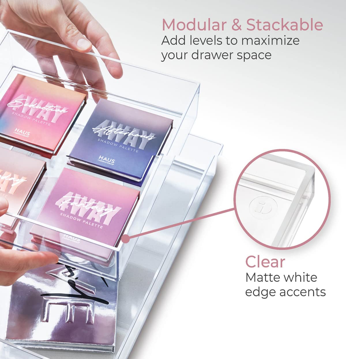 iDesign Storage Drawer from the Signature Series by Sarah Tanno, Rectangular PET Makeup Tray for Beauty Products, Cosmetic Organiser System, Clear/Matte White, 10.2 cm x 20.3 cm x 5 cm